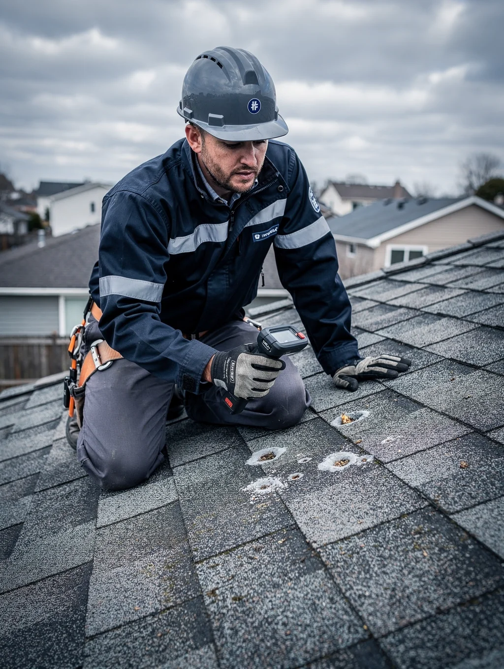 Technician performing a drone-assisted roof inspection