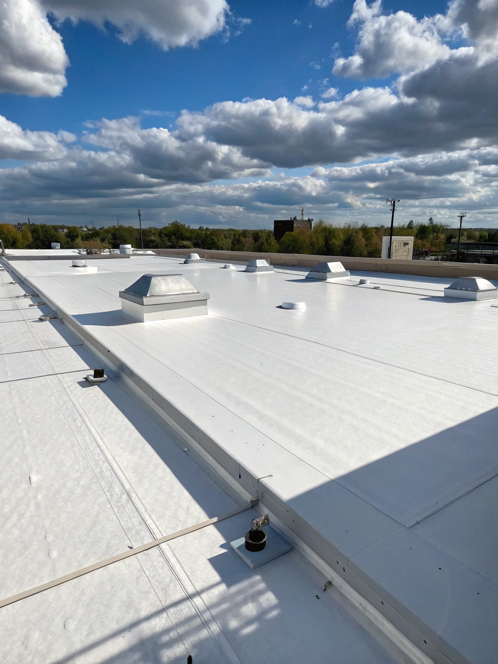 Completed modern roof under clear blue sky