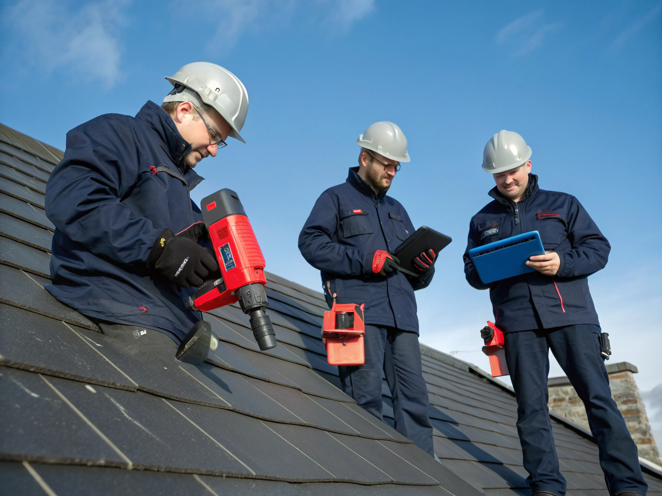 Hi-Tek roofing team inspecting a residential roof with precision tools